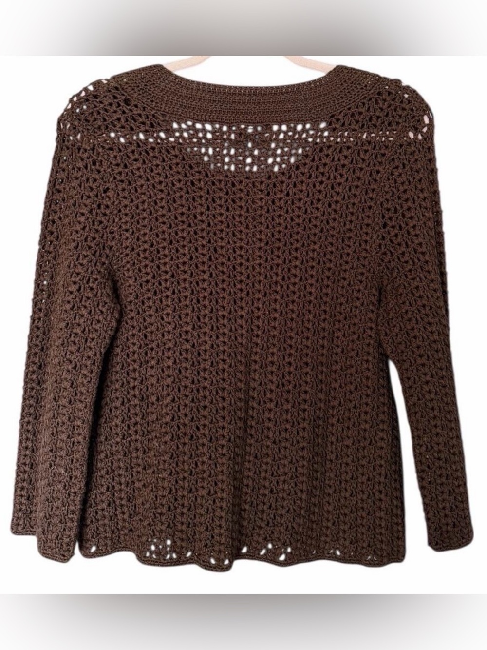 Talbots Hand-Knit Crochet Cardigan Women’s Medium Chocolate Brown Fall NEW - Picture 2 of 5